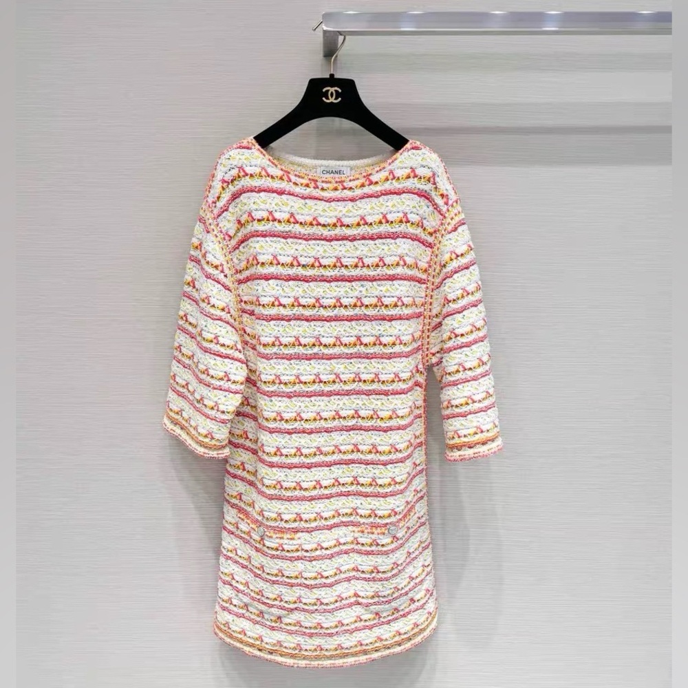 Authentic CHANEL Vibrant Knit Dress with Red, Yellow, and Blue Accents